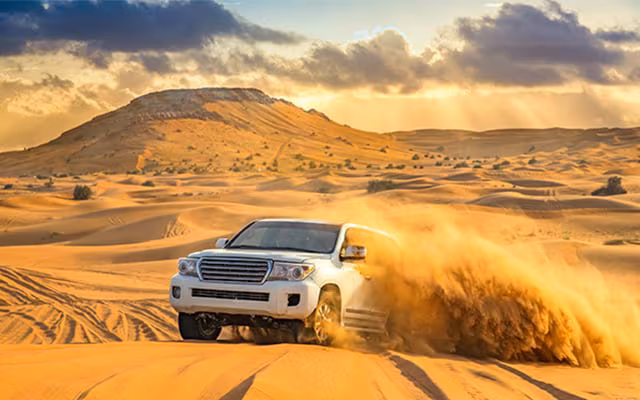 Dubai desert safari with camel and golden dunes